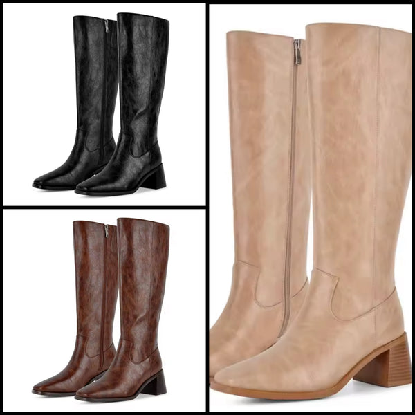 Women Fashion Pointed Toe Square Heel Knee High Boots
