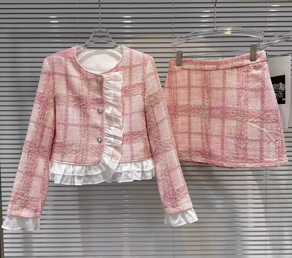 Women Pink Plaid Ruffled Blazer Two Piece Tweed Skirt Set