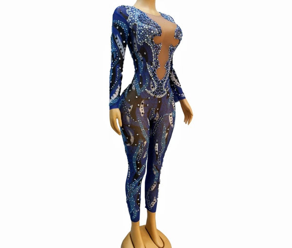 Women Sexy Color Patchwork Beaded Bling Full Sleeve Jumpsuit