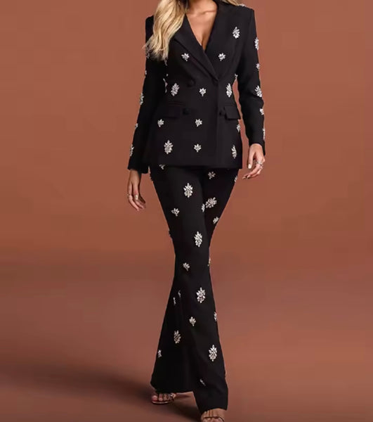 Women Rhinestone Full Sleeve Blazer Two Piece Fashion Pant Set