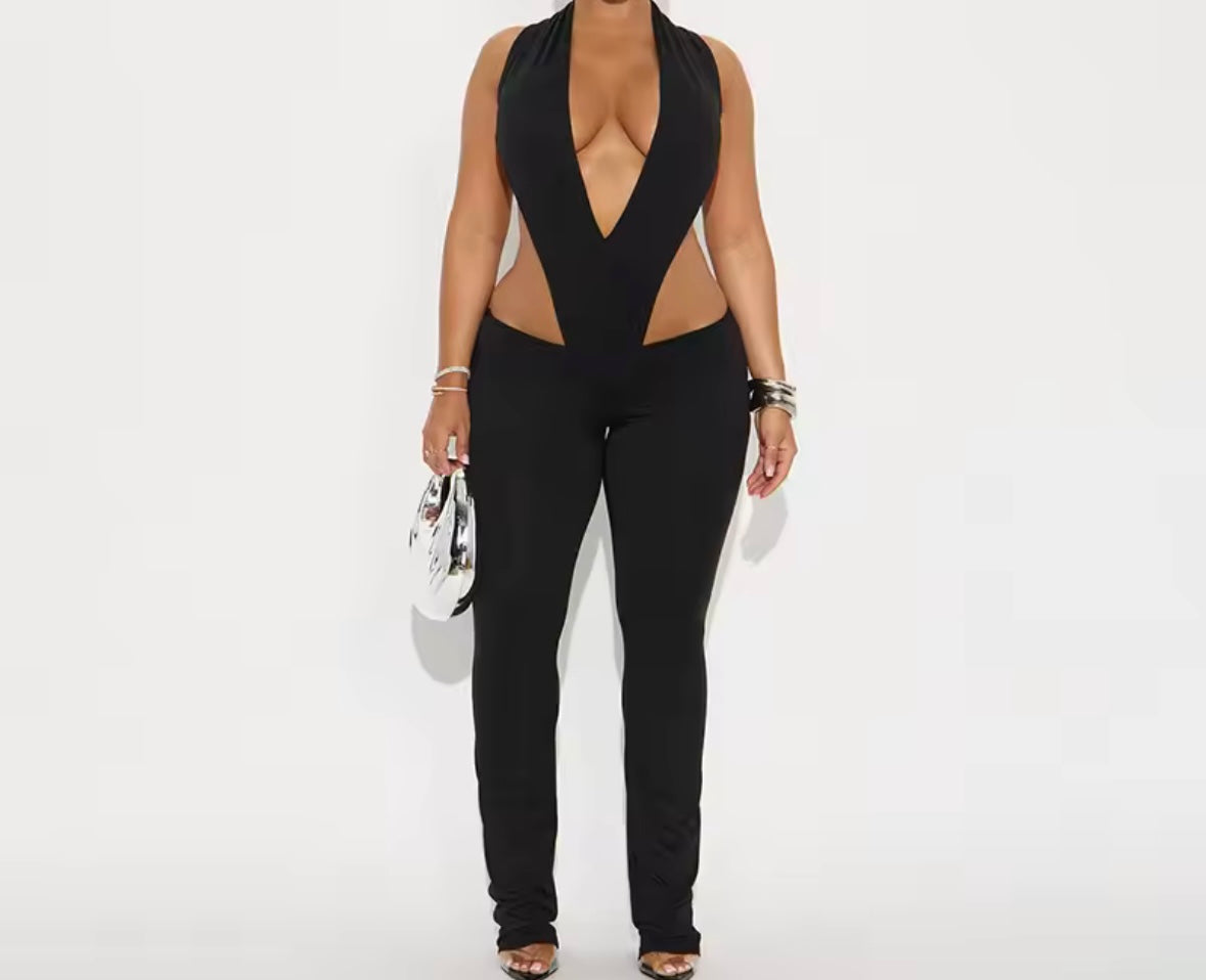 Women Sexy Deep V-Neck Sleeveless Cut Out Jumpsuit