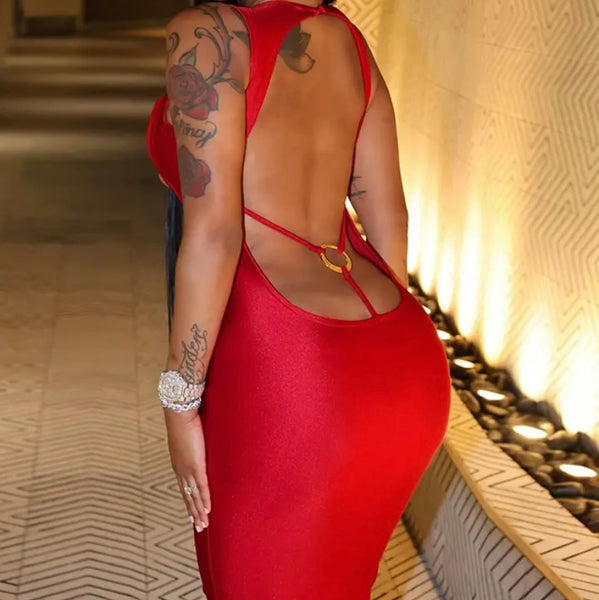 Women Red Sexy Sleeveless Open Back Maxi Dress