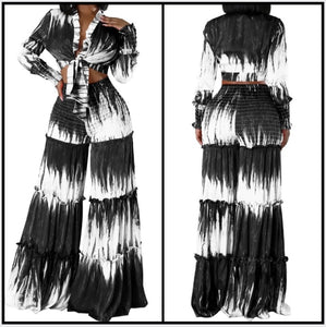 Women Fashion B&W Printed Full Sleeve Two Piece Wide Leg Pant Set