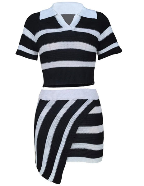 Women Sexy Striped Short Sleeve Two Piece Skirt Set