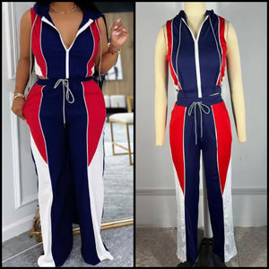 Women Sleeveless Hooded Color Patchwork Two Piece Tracksuit Pant Set