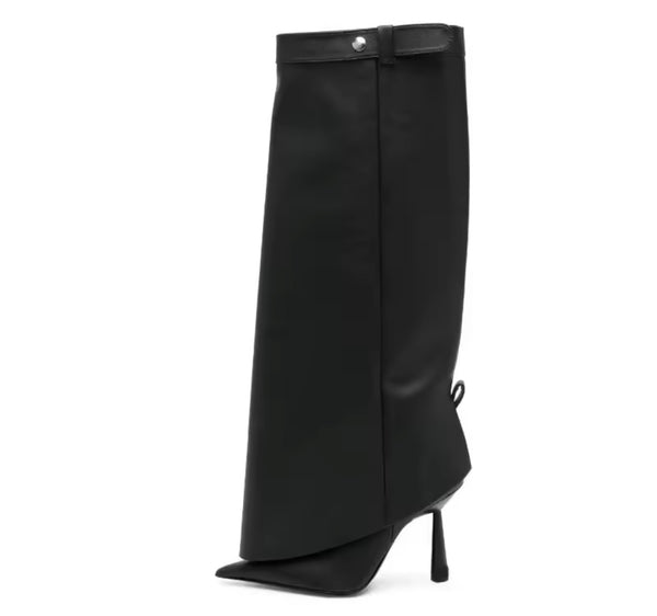 Women Black Pointed Toe Buckled Faux Leather Knee High Boots