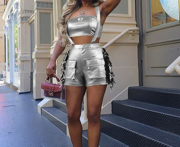 Women Sexy Sleeveless Metallic Two Piece Short Set