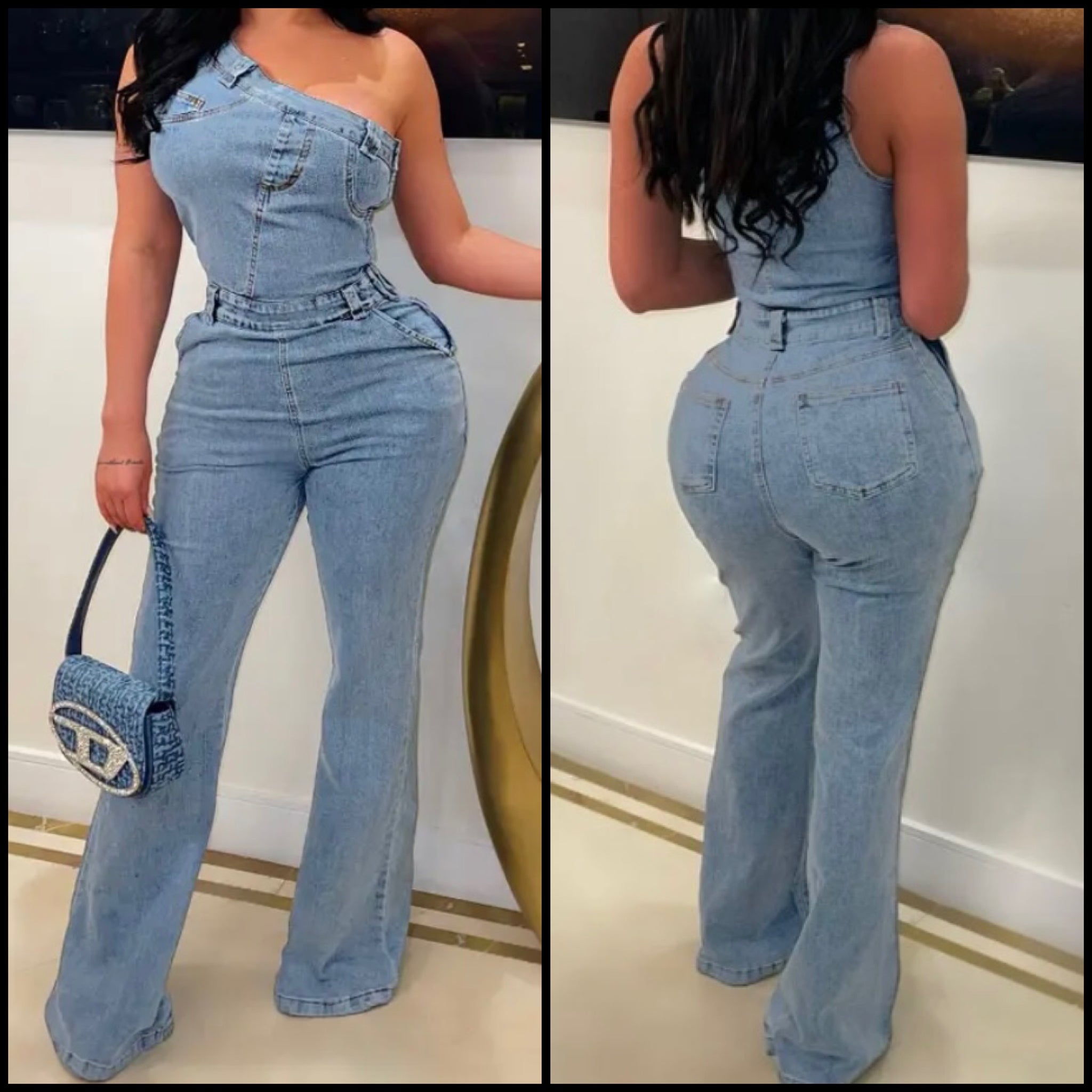 Women Sexy Fashion Buckled One Shoulder Denim Jumpsuit