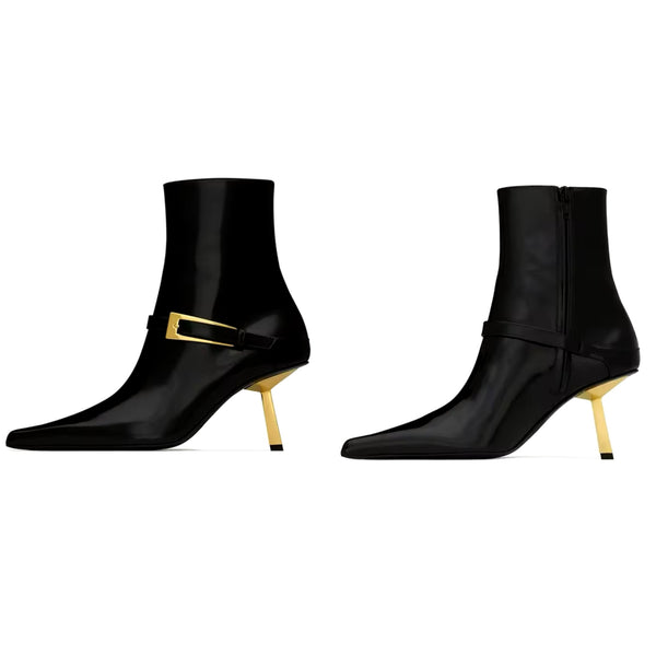 Women Fashion Pointed Toe Gold Buckled High Heel Ankle Boots