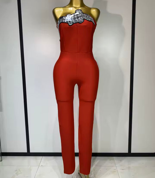 Women Red Printed Strapless Fashion Jumpsuit