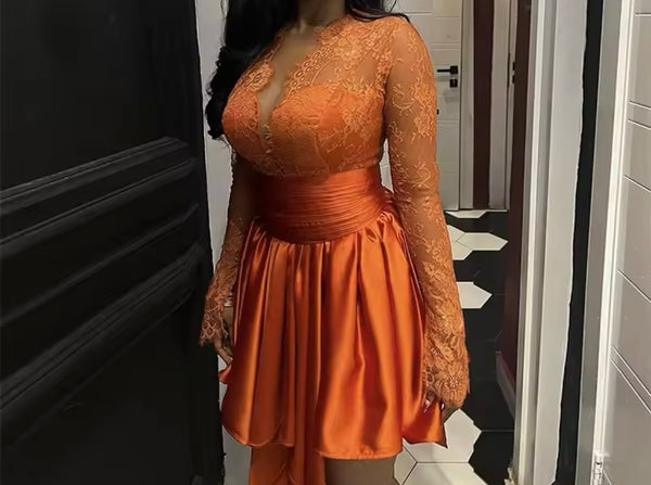 Women Orange Sexy Lace Patchwork Satin Dress