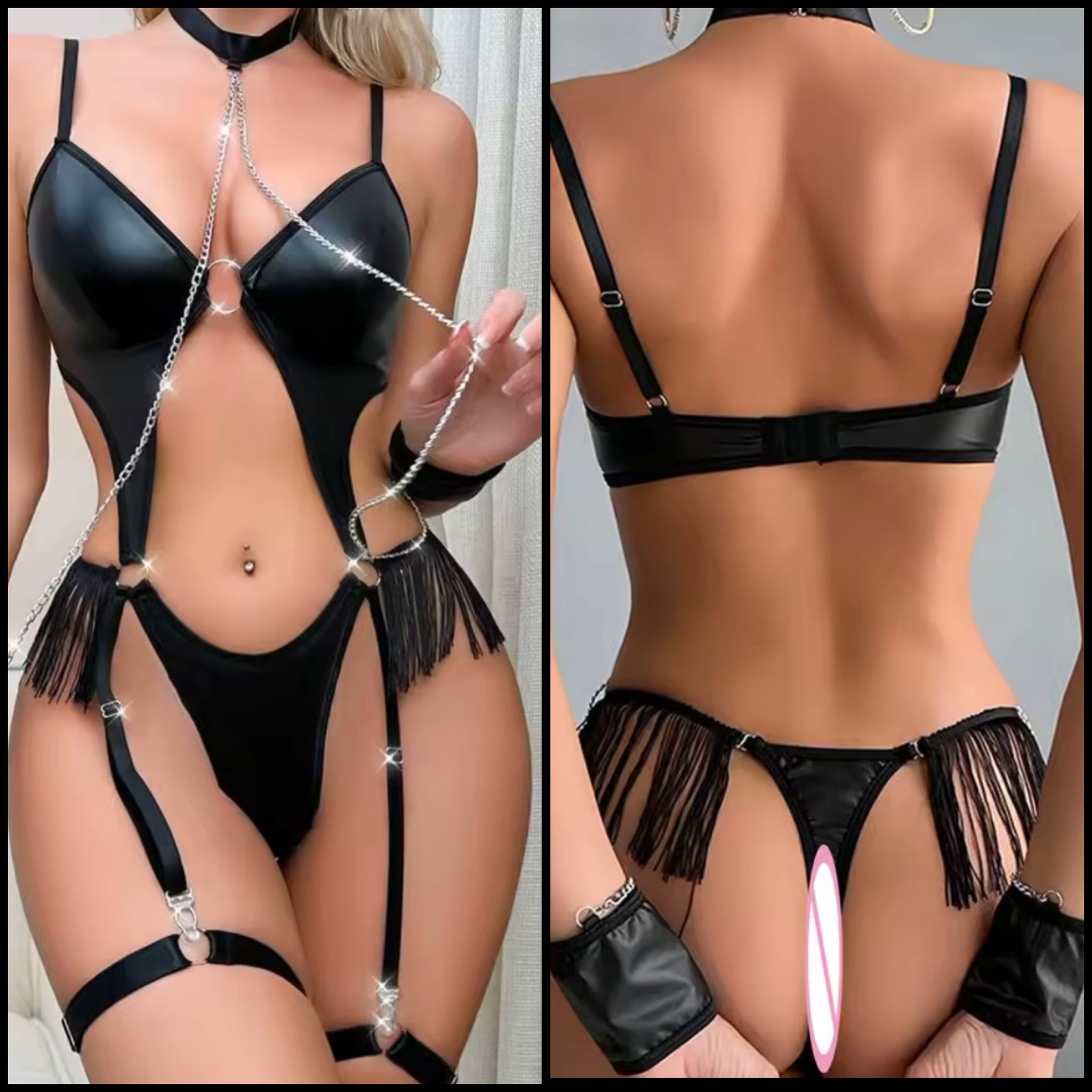 Women Black PU Choker Chain Fringe Tassel Bodysuit Lingerie