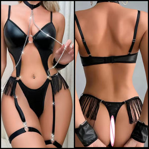 Women Black PU Choker Chain Fringe Tassel Bodysuit Lingerie