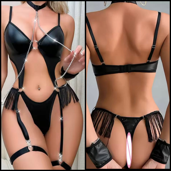 Women Black PU Choker Chain Fringe Tassel Bodysuit Lingerie
