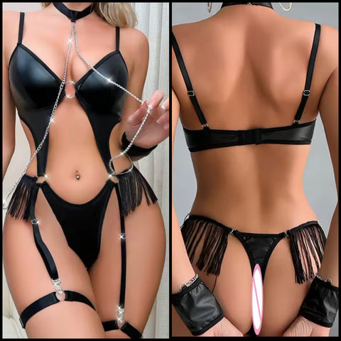 Women Black PU Choker Chain Fringe Tassel Bodysuit Lingerie