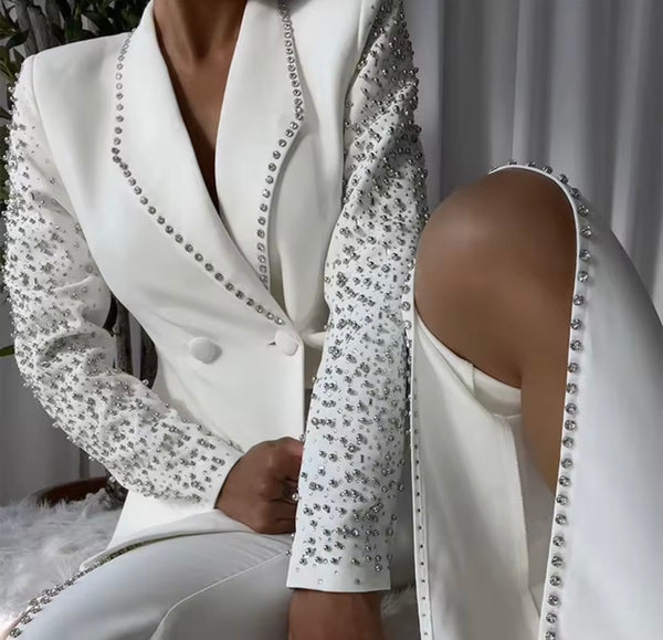Women White Rhinestone Button Up Blazer Two Piece Split Pant Set