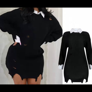 Women B&W Collar Full Sleeve Fashion Sweater Dress