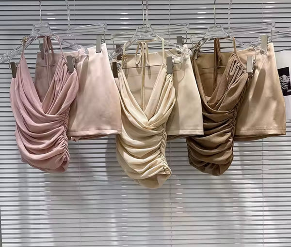Women Sexy Ruched Halter Sleeveless Satin Two Piece Skirt Set