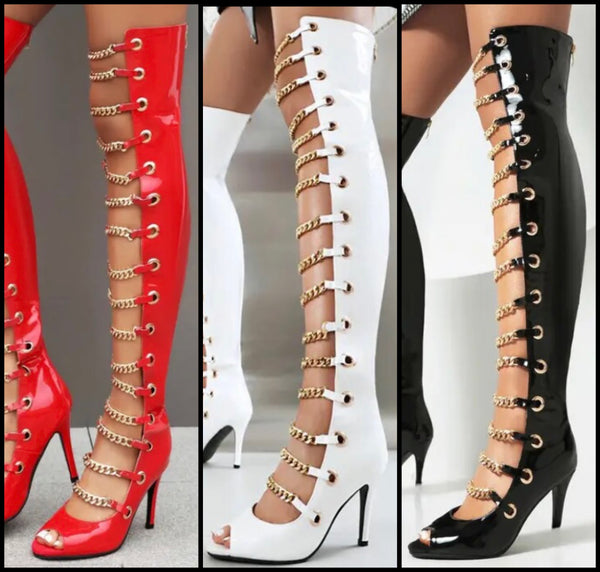 Women Fashion Open Toe Chain Patent Leather Knee High Boots