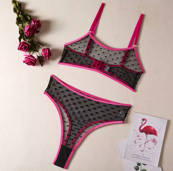 Women Sexy Neon Black Polka Dot Mesh Lingerie Set