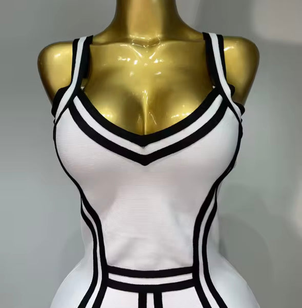 Women Sexy Sleeveless White Striped Ruffled Dress