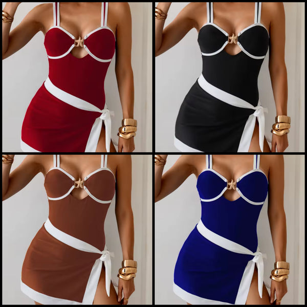 Women Striped Hollow Out Swimsuit Cover Up Set