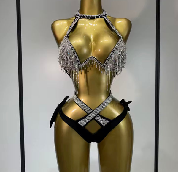 Women Sexy Rhinestone Black Halter Bikini Swimsuit