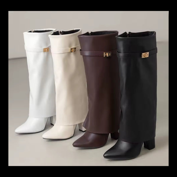 Women Pointed Toe Buckled Fashion Faux Leather Knee High Boots