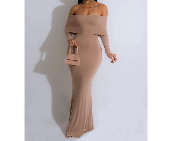 Women Sexy Solid Color Off The Shoulder Full Sleeve Maxi Dress