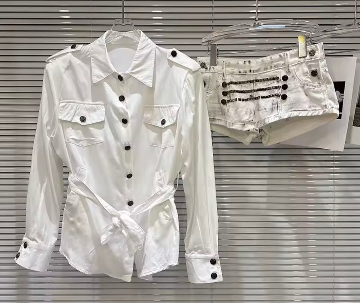 Women Button Up Full Sleeve Two Piece Fashion Chain Denim Short Set
