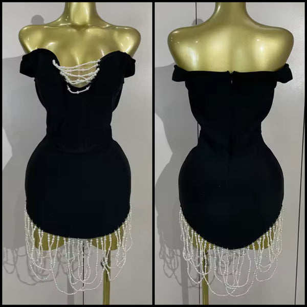 Women Sexy Black Off The Shoulder Pearl Tassel Dress