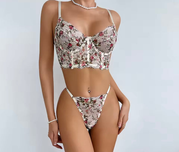 Women Sexy White Floral Lace Mesh Lingerie Set