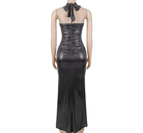 Women Sexy Metallic Halter Sleeveless Cut Out Maxi Dress