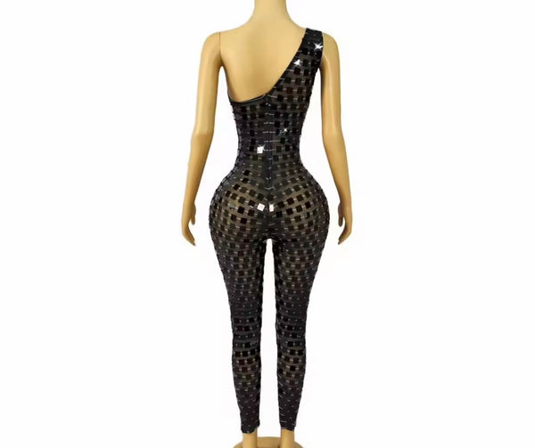 Women One Shoulder Sleeveless Black Mirror Mesh Jumpsuit