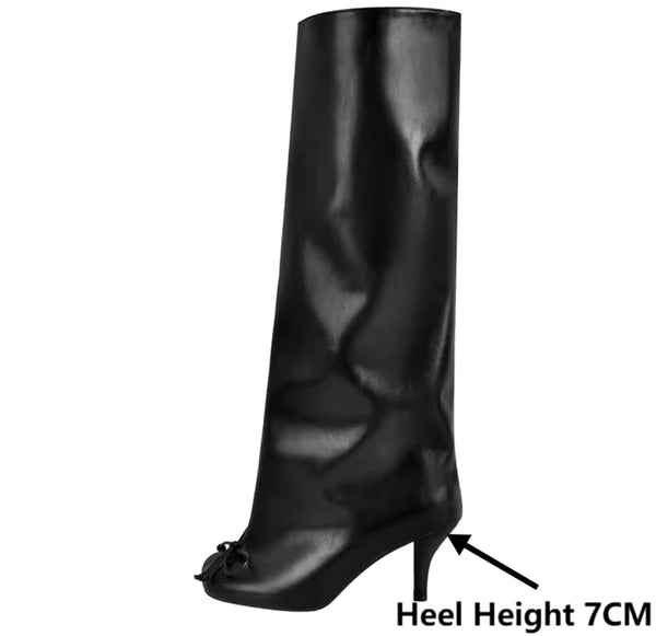 Women Fashion Round Toe Bow Knee High Boots