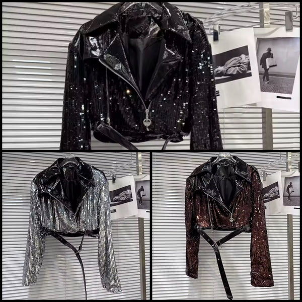 Women Fashion Sequins PU Buckled Jacket