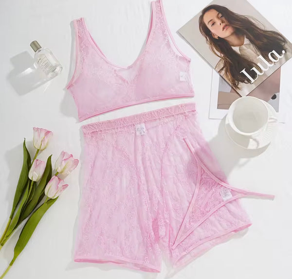 Women Pink Sleeveless Sexy Lace Three Piece Lingerie Set
