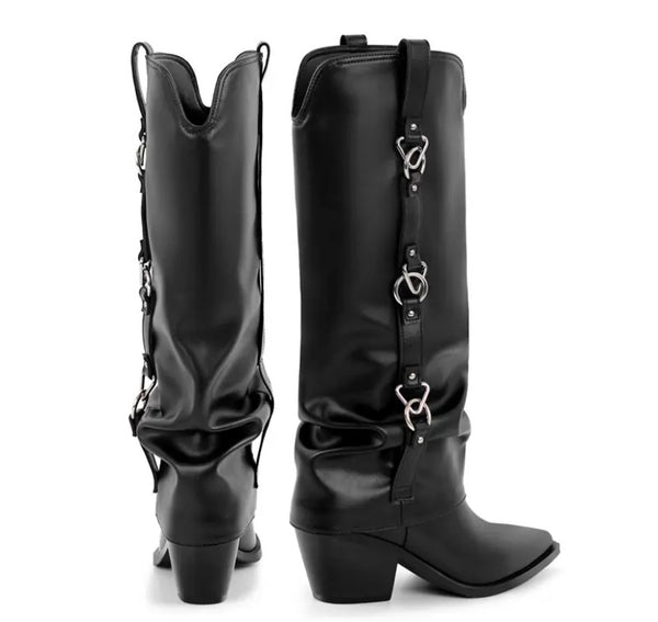 Women Black Faux Leather Metal Ring Fashion Western Boots