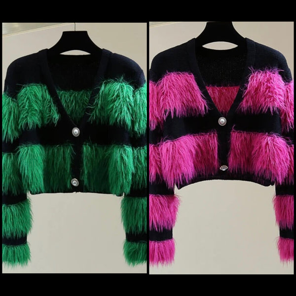 Women Fashion Button Up Color Patchwork Faux Fur Sweater Top