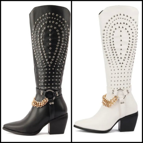 Women Fashion Rivet Gold Chain Knee High Western Boots