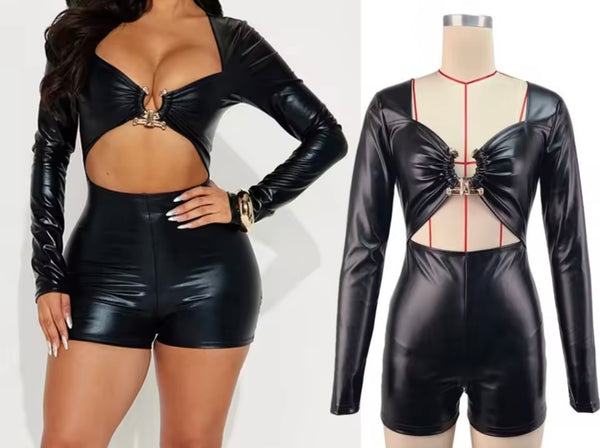 Women Sexy Fashion Black PU Metal Cut Out Full Sleeve Romper