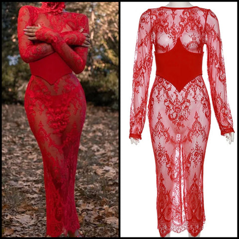 Women Sexy Red Lace Full Sleeve Maxi Dress