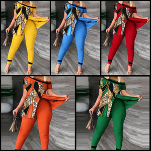Women Fashion Printed Short Sleeve Two Piece Pant Set