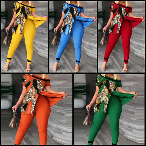 Women Fashion Printed Short Sleeve Two Piece Pant Set
