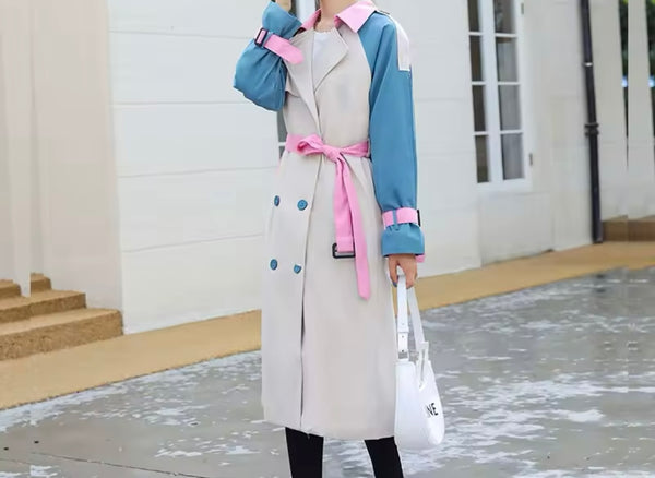 Women Fashion Color Patchwork Belted Trench Jacket