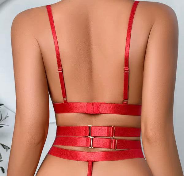 Women Sexy Red Heart Mesh G-String Lingerie Set