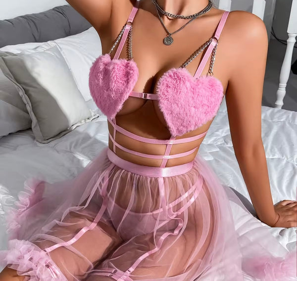 Women Sexy Pink Heart Mesh Lingerie Set