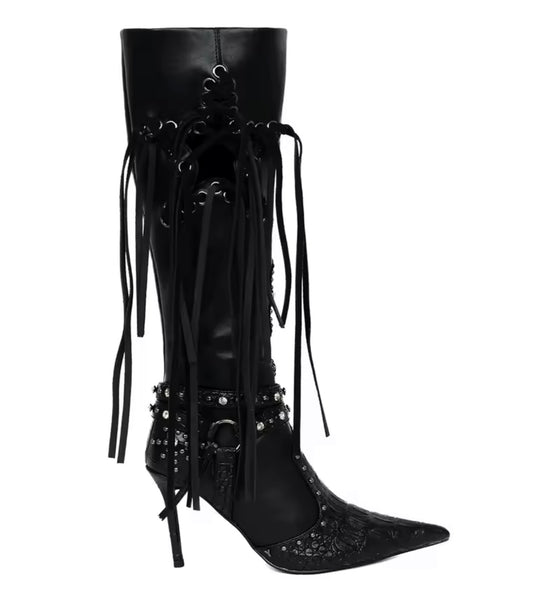 Women Pointed Toe Fringe Tassel Fashion Knee High Boots