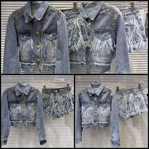 Women Fashion Rivet Feather Denim Jacket Two Piece Short Set