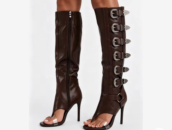 Women Fashion Open Toe Buckled Zip Up Knee High Boots